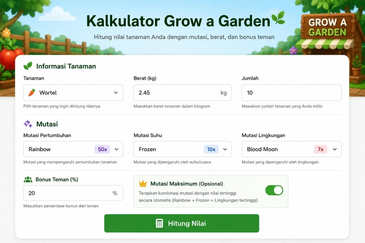 Tampilan Kalkulator Grow a Garden: kolom tanaman, berat, jumlah, mutasi, dan bonus teman Antarmuka Kalkulator Grow a Garden dengan input tanaman, berat (kg), jumlah, dan mutasi